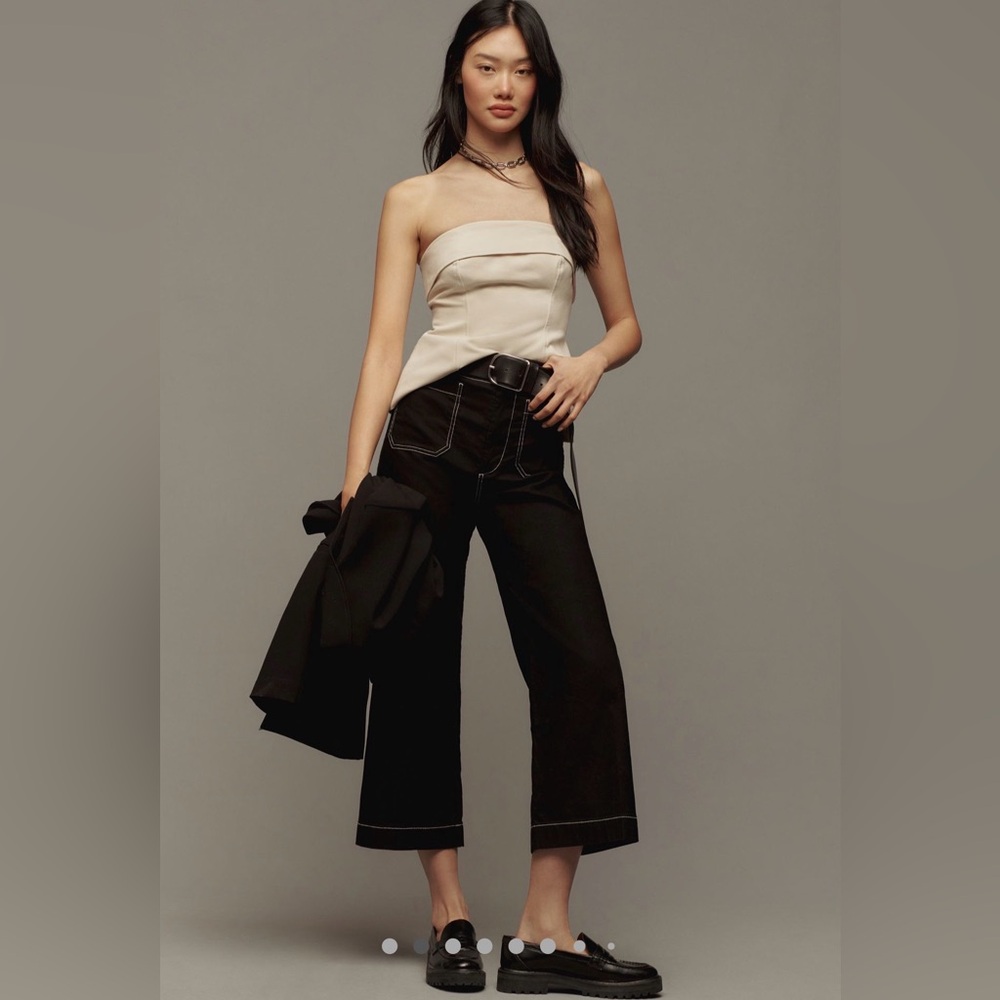 Maeve Black Wide-Leg Cropped Pants with Contrast Stitching - Picture 3 of 5